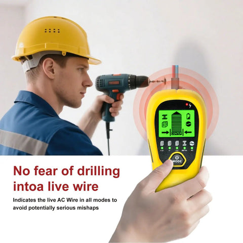 Heavy Duty Multisurface Stud Detector And Five In One Wall Scanner With Crisp Lcd Display detects live wires safely while drilling.