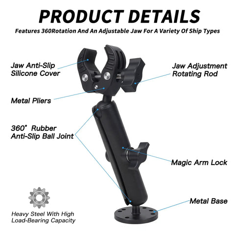 Rock Solid Trolling Motor Stabilizer Mount with Grippy Silicone Grip, metal pliers, 360° rubber ball joint detail on white background.