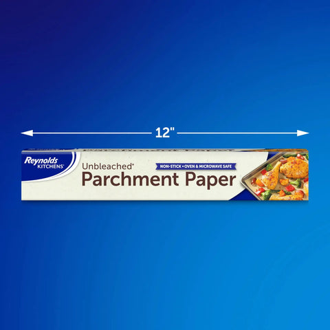 No Sweat Baking Unbleached Parchment Paper 45 Square Feet Roll, visible packaging, oven safe for easy cleanup.
