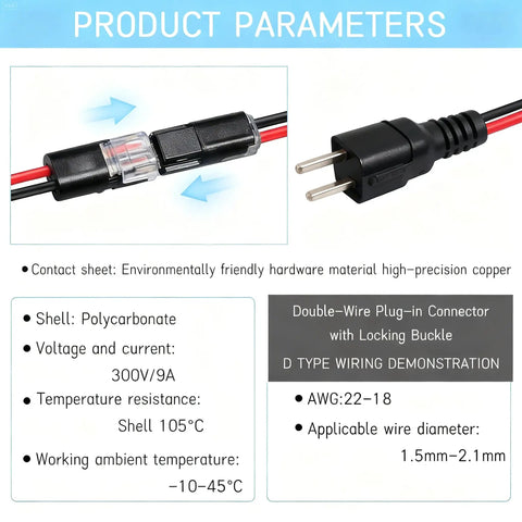 100 Pack Double Wire Plug In Connectors With Locking Buckle shown with specifications and wiring demonstration