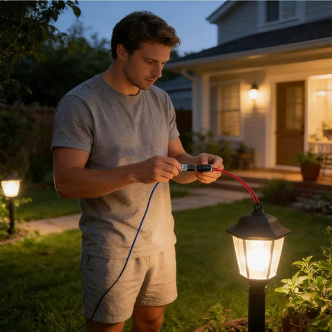 Person using No Tools Needed Wire Connectors For Quick Splices 50 Piece Flame Retardant Electrical Connectors Pack in outdoor lighting setup