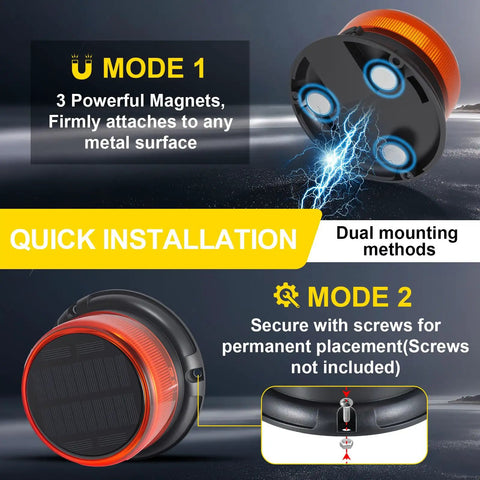 Badass Solar LED Amber Beacon Light With Weather Resistant Magnetic Base And Rechargeable Rotating Strobe Lamp For Pickups Tractors Golf Carts And Job Site Rigs showing dual mounting modes with powerful magnets.
