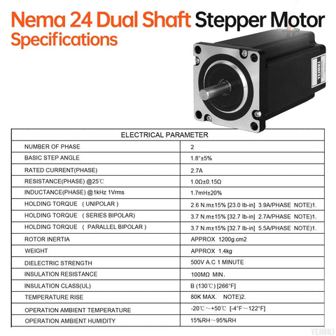 NEMA 24 dual-shaft stepper motor, black housing with silver faceplate, front view