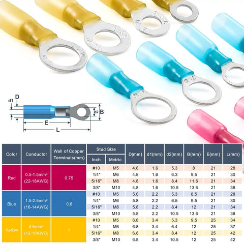 Heat Shrink Ring Terminal Kit 92 Piece Must Have Waterproof Marine Grade Adhesive Lined Wire Connectors For 22 To 18 AWG 16 To 14 AWG 12 To 10 AWG Quarter Inch Five Sixteenth Inch Three Eighths Inch Eyelets Boat And Truck, showing color-coded terminals and size chart