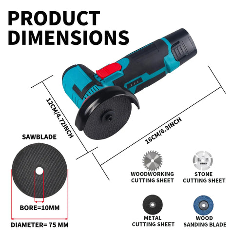 Cordless Mini Angle Grinder Set 12V 3 Inch Power Cutter With Dual Batteries And Two Cutting Wheels 20000 RPM Handheld Metal Grinder displayed.