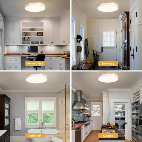 Wooden Flush Mount Ceiling Light With Dimmable LED 5CCT 2700K 6000K Round 16 Inch Ceiling Fixture in various rooms