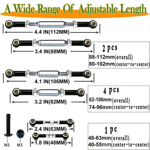 Diagram showing adjustable stainless steel turnbuckles with spacers for RC car camber link upgrade, various lengths detailed.