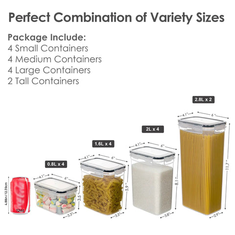 Variety of Airtight Food Storage Containers Set, 14 Piece Kitchen Canisters For Flour Sugar Cereal illustrated with sizes.