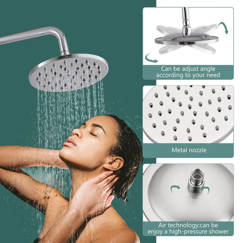 Woman enjoying shower under Dual Function Exposed Pipe Shower System With 8 Inch Round Rainfall Head, Brass Fixture, Polished Chrome Finish