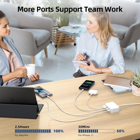 Office scene with 6 In 1 USB Charging Station For Multiple Devices, 100W Fast Charging Hub With Type C And USB A Ports on table