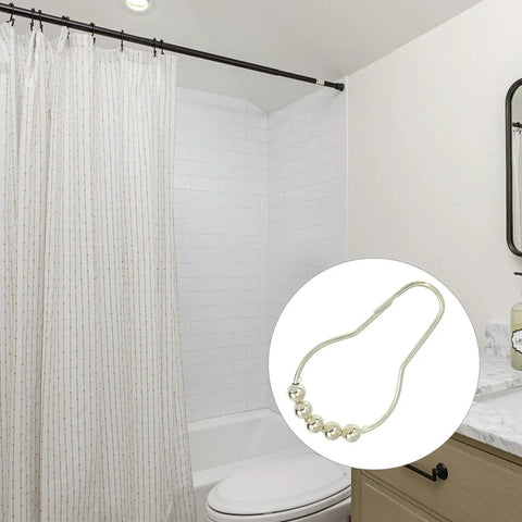 Gold Iron Bead Shower Curtain Hooks With Glide Rollers, 15 Pack, Decorative Curtain Rings On Shower Rod, shown in bathroom setup