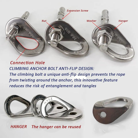 304 Stainless Steel Climbing Anchor Bolts Set For Rock Climbing Hangers M10 And M12 Bolt Fasteners 25 To 30 KN, showing bolts and hangers