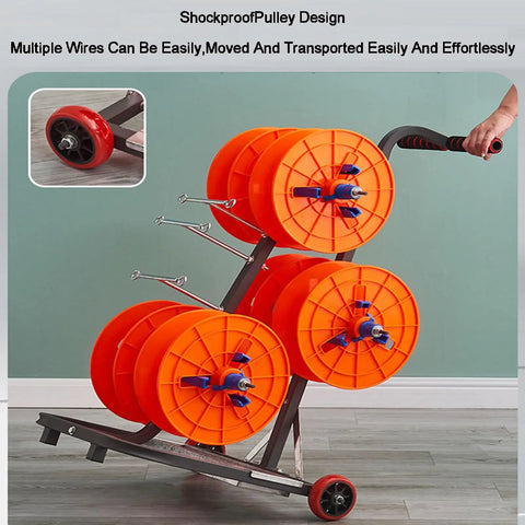 Heavy Duty Wire Spool Rack With Anti Vibration Wheels Keeps 4 To 6 Reels In One Handy Spot for workshops with orange spools