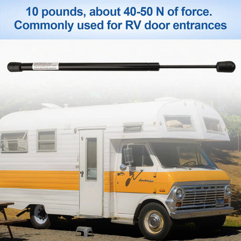 Twenty Inch Rv Door Gas Strut For Camper Compartment Lift Support With Ten Pound Load Capacity and Heavy Duty specs beside camper.