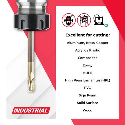 Image showing Extra Long CNC Router Bit for 2D And 3D Carving, list of materials it can cut, with industrial branding.