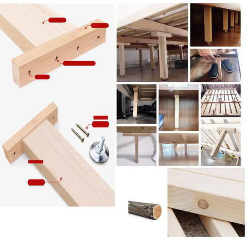 4 Pack Adjustable Wooden Bed Slat Support Legs With Height Adjustable Center Support For Diy Fur Bed Sturdy Wood Furniture Feet Replacement 12 To 14 Cm For Stable Sleep And Floor Protection, showing installation and components details