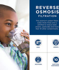 Child drinking water promoting Under Sink Reverse Osmosis Water Filter System With Chrome Faucet And Easy Install Kit Pro Grade Filtration