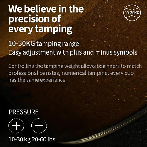 Precision Auto Espresso Tamper 58mm Electric Tamping Station With Smart Pressure Control showing 10-30KG range for adjustments.