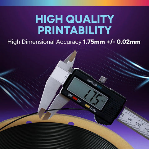 Caliper measuring 1.75mm width of High Speed Tpu 3D Printer Filament In Jet Black, 95a Flex material.