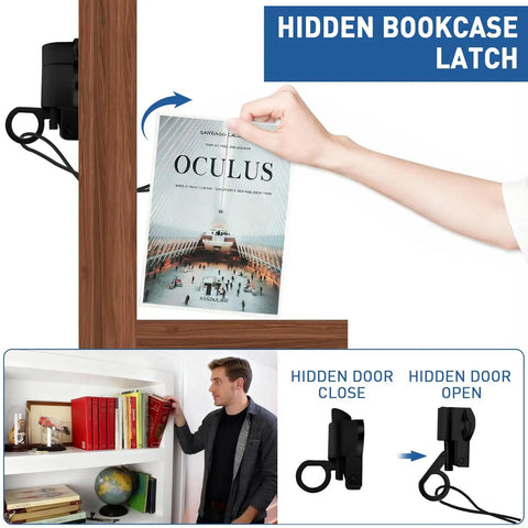 Hidden bookcase latch shown operating with magazine, ideal for secret doors and shelves with smooth function.