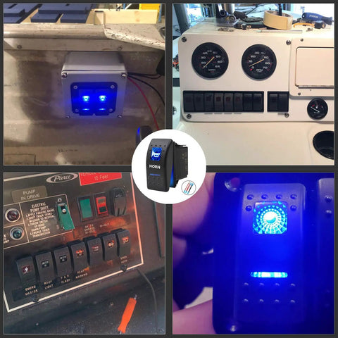 Waterproof Horn Button Rocker Switch Toggle With Blue LED Light For Automotive Marine RVs Trucks Cars Boats 12V 20A DC And 24V 10A DC SPST 5 Pin Momentary On Off IP67 Rating Ready For 4x4 SUV ATV UTV Car Accessories installed in vehicle panels