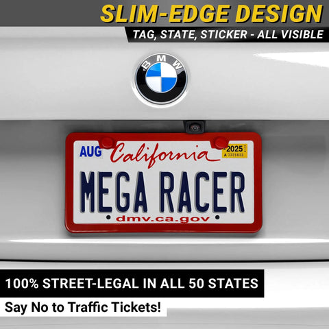 Slim Red License Plate Frames 2 Pack, Rust Free Stainless Steel, Street Legal Front And Rear Car Tag Holders With Screw Caps
