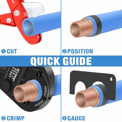 Quick guide showing All In One PEX Crimp Tool Kit With Quick Change Jaws For 3/8 In, 1/2 In, 3/4 In, 1 In PEX Tubing steps: cut, position, crimp, gauge.