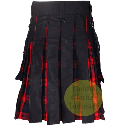 Men's Black MacLachlan Hybrid Kilt With Leather Straps And Detachable Cargo Pockets Hella Comfy 100 Cotton Build Featuring Fast Snaps And Heavy Chain Details For A Top Shelf Streetready Fit 42 Inch, view of the front with pleats.