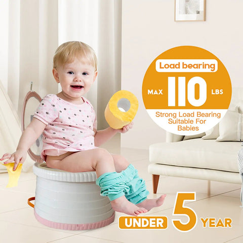 Lightweight Folding Toddler Potty Travel Seat With Leak Safe Disposal Bags, pink seat for kids under 5 years, with toilet paper.