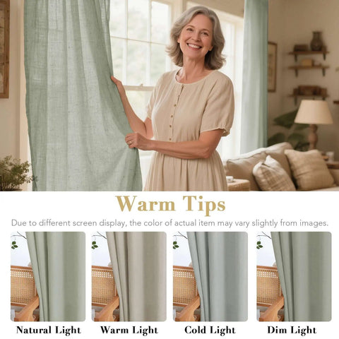 Living Room Linen Blend Curtains With Semi Sheer Light Filtering Nickel Grommets Sea Grass Color Energy Saving Window Treatments 2 Panels 52 By 96 Inches Open Weave Eco Friendly Recycled Materials displayed in natural light with color variations comparison.