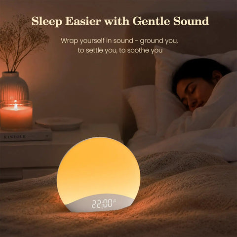 Rock Solid Sound Machine Paired With Sunrise Alarm Clock And Soothing Night Light For Chill Bedroom Upgrades Deep Sleep Cycles And Smooth Morning Wake Ups with warm glow and digital display.