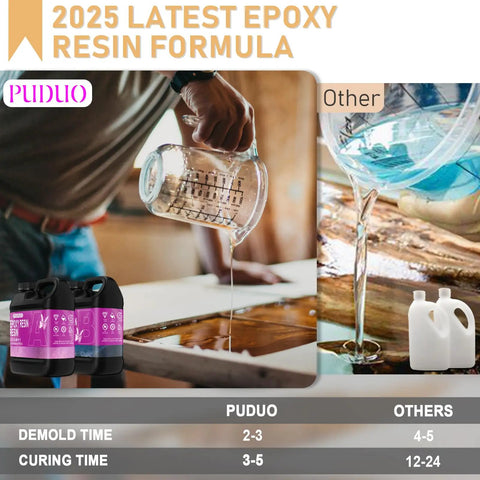 Pouring Top Shelf Crystal Clear Epoxy Resin Kit 1.1 Gallon for coating wood surfaces with measurement cup for precise mixing.