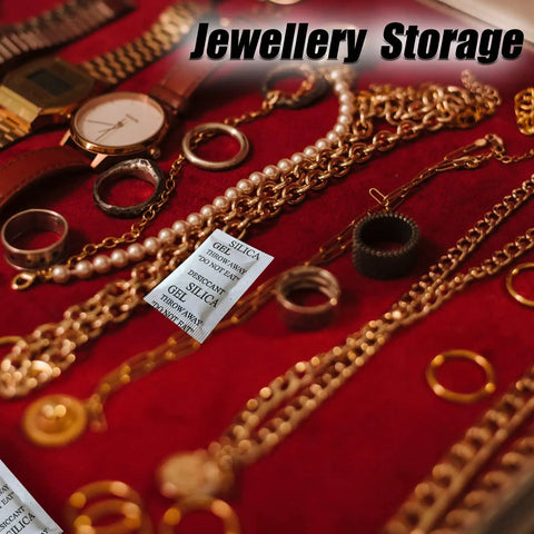 Heavy Duty Silica Gel Packets Serve Killer Moisture Extraction While Keeping Your Essentials Totally Bone Dry Across Humid Regions A Massive Lifesaver That Kills Damp Bag Issues With Minimal Fuss Perfect For Wardrobe Storage Camera Gear with jewelry in storage.