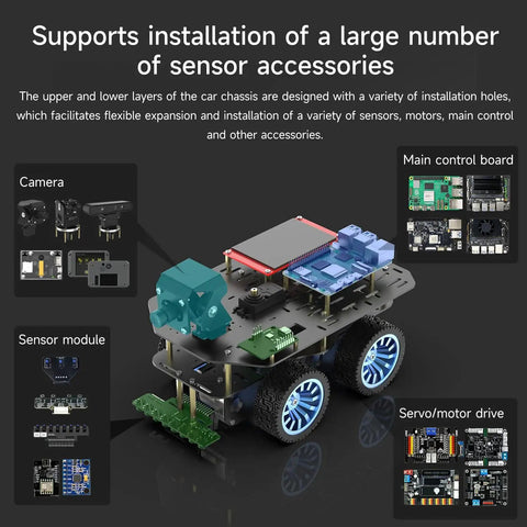 4WD Smart Chassis Car Kit With Aluminum Alloy Chassis And 520 Encoder Motor, 65mm Wheels, Robotic Moving Platform, modular design displayed with sensor accessories options.