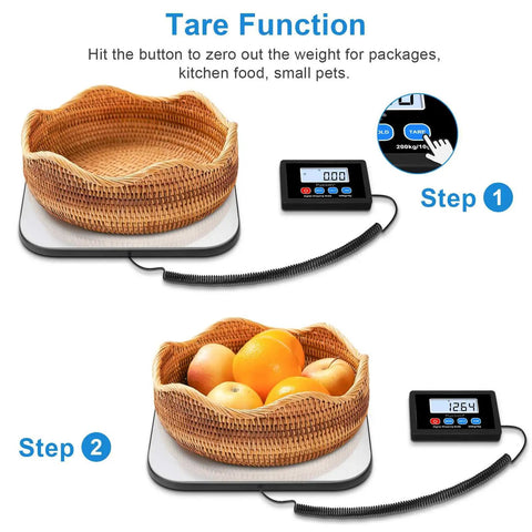 Super Sturdy Digital Postal Scale That Can Handle Packages Up To 440 Pounds With Accurate Tare And Hold displaying tare function with a woven basket.