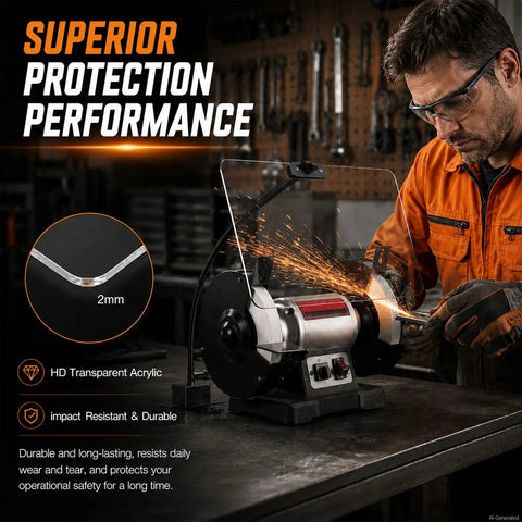 Battle Ready Adjustable Bench Grinder Shield Built For Tight Clearance Fits That Block Hot Sparks And Flying Slag While Keeping Your Eyes Protected Through Demanding Machine Operations And Weekend Builds with clear acrylic safety cover.