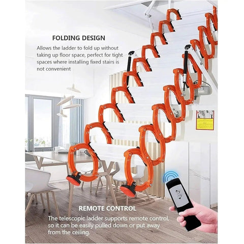 Electric Attic Ladder Remote Control Pull Down Folding Loft Stairs in action with remote control and orange telescopic design.