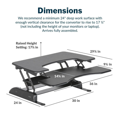Pro Plus 36 Adjustable Desk Converter With 11 Height Settings For Dual Monitor Sit Stand Desk Riser Ideal For Home Office Table Tops And Workspace Fully Assembled With Spring Loaded Lift Black showing dimensions and raised height setting