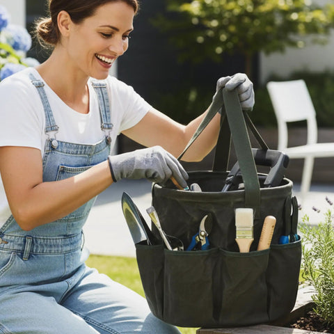 Woman organizing tools in Tough As Nails Heavy Duty Self Standing Tool Bag With Eight Pockets and Slick Organization For Garden Work.