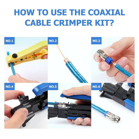 Pro Grade Coaxial Compression Tool Kit With Rock Solid Rg6 Rg59 Rg11 F Connector Crimping Pliers And Quick Stripper process steps
