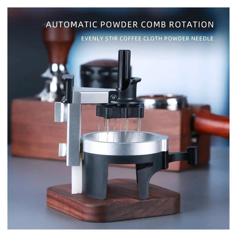 Premium Barista Grade Rotating Espresso Stirrer And Coffee Distribution Tool With Adjustable Needles For Dead Simple Grounds Prep on a wooden base.
