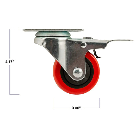 Tough As Nails 3 Inch Polyurethane Swivel Caster Wheels With Locking Brake Heavy Duty 175 Lb caster side view with red wheel