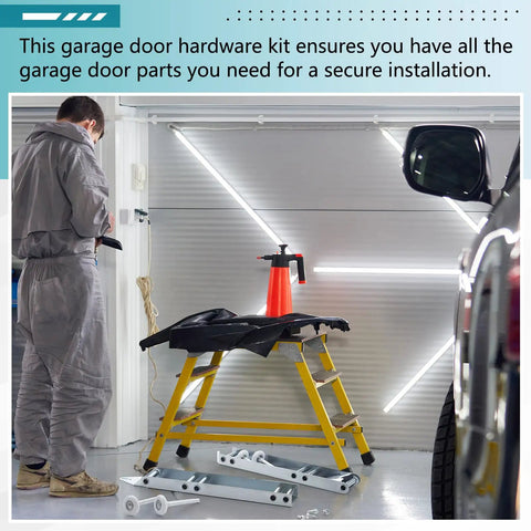 Garage Door Hinges And Rollers Replacement Kit With Quick Turn Top Brackets, Includes 2 Rollers, 4 Self Drilling Screws, in a garage setting