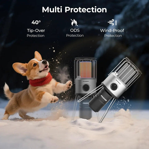8,500 BTU Portable Propane Heater for Outdoors with Tilt Switch shown in action with safety features and a dog nearby.