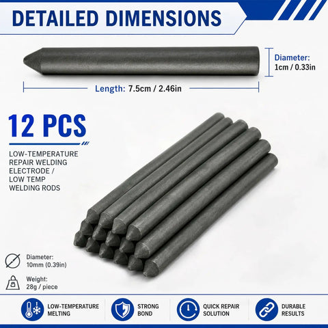 Low Temperature Universal Welding Rod Kit for DIY Brazing and Soldering, 12pc set dimensions 7.5cm length, 1cm diameter
