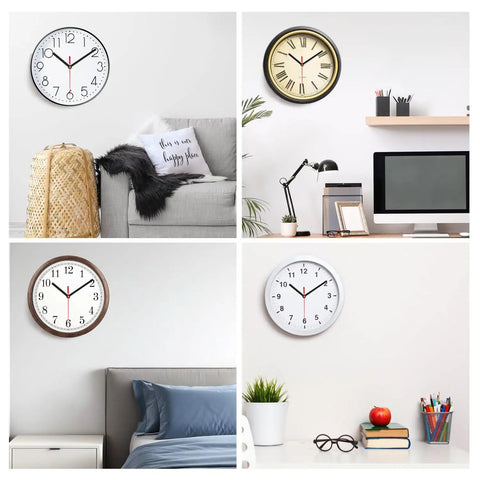 Quartz DIY Wall Clock Movement Mechanism Battery Operated Repair Kit in various home settings, showing four clocks on walls.