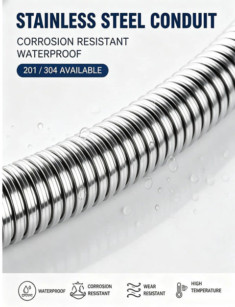 Tough As Nails 304 Stainless Steel Flexible Metal Conduit with corrugated surface for waterproof and corrosion-resistant wire protection.