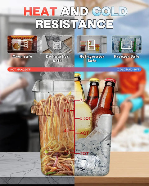 Clear 4 Quart Food Storage Container Set With Red Lids, 4 Pack Square Containers BPA Free Hot And Cold Resistant shown with pasta and bottled drinks
