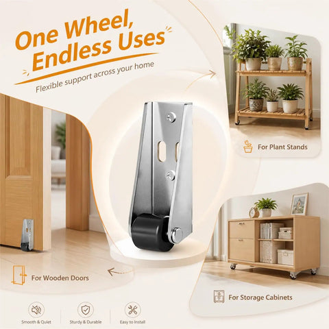 Rock Solid Heavy Duty Vertical Track Roller Wheels 4 Pack Sliding Door Bottom Guides for wooden doors and plant stands.
