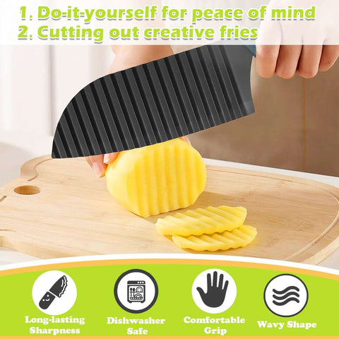 Front view of JAYVAR crinkle cutter wavy veggie slicer with black blade, slicing a potato on a wooden board.